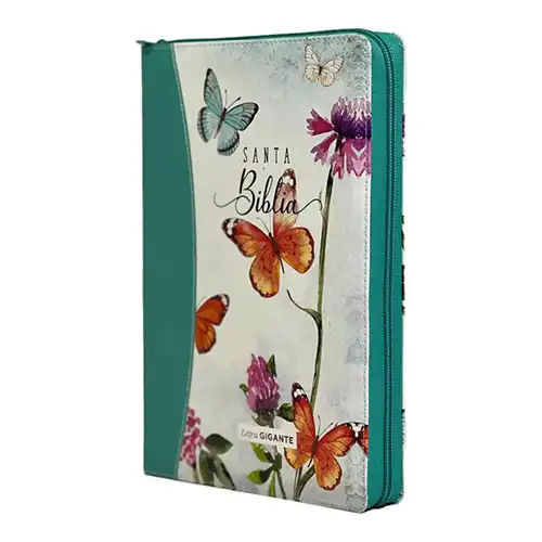 Imagen de la Biblia RVR60, Letra Gigante, Imitación Piel Turquesa Floral con Mariposas, con Índice y Cierre