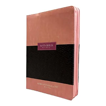 Biblia RVR60 Letra Súper Gigante Símil Piel Duotono Rosa/Café con Índice y Cierre